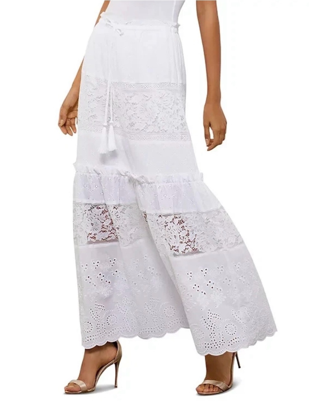 New BCBGMAXAZRIA Embroidered Lace-Panel Maxi Skirt withTassel Drawstring Size L